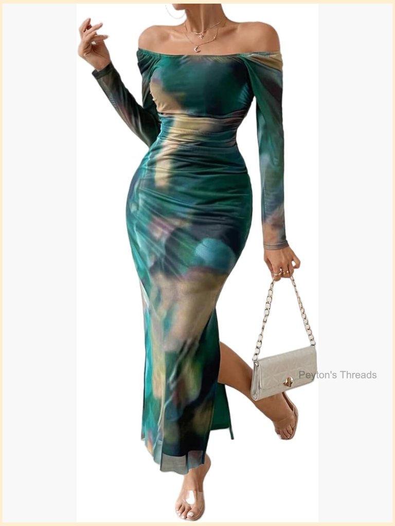 Women's Off Shoulder Maxi Dress Long Sleeve Bodycon Ruched Mesh Cocktail Dress